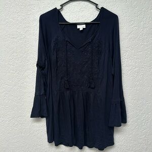 Navy embroidered J Jill blouse with three quarter bell sleeves.
